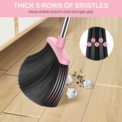 Broom and Dustpan Set for Home, 51-in Long Adjustable Handle Angle Broom and Dustpan Combo Set with Dust Pan Teeth to Clean Hair for Home Kitchen Office Lobby Floor Garden (Black&White)