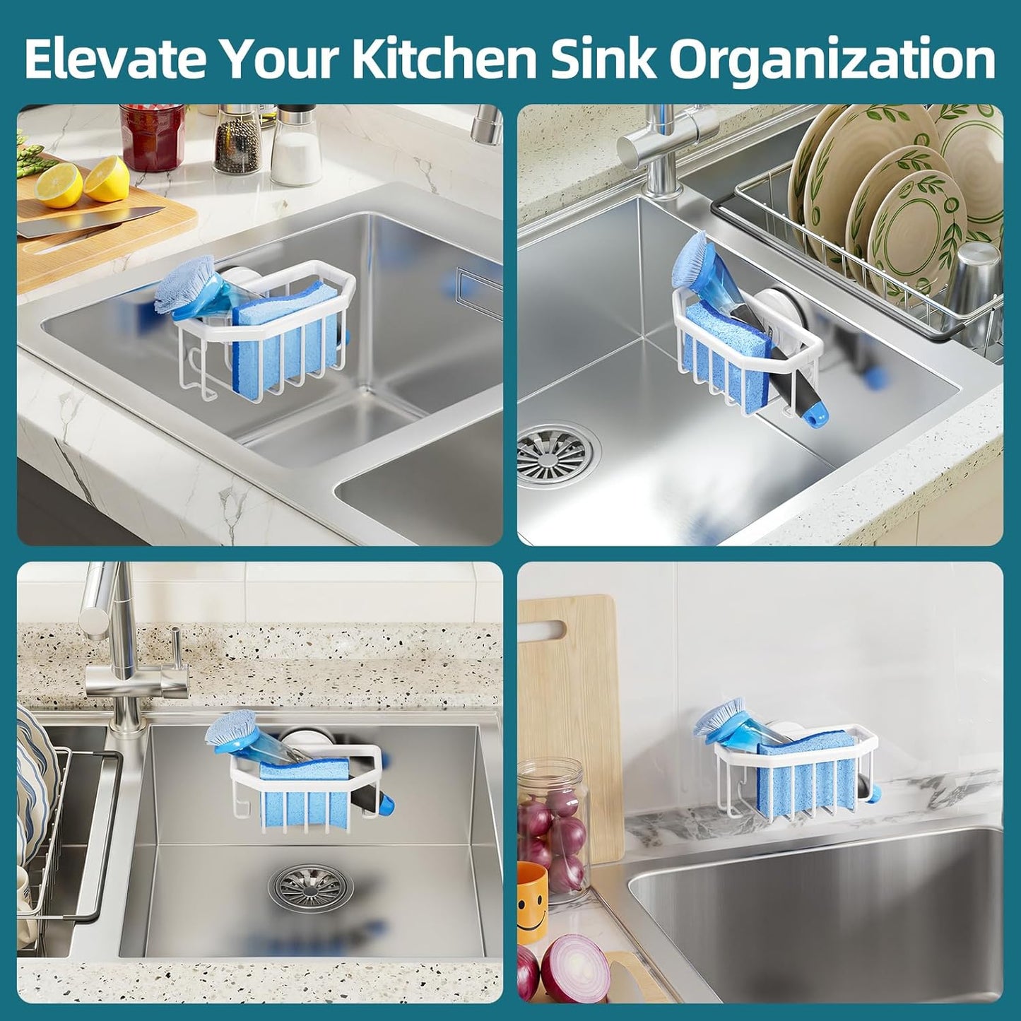 TAILI 4-in-1 Sink Caddy with Strong Suction Cup, Sponge Holder for Kitchen Sink Organizer, Removable, Rustproof, Stainless Steel Holder for Sponge, Brush, Scrubber, Scraper - Silver