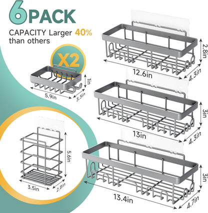 Veken Shower Caddy 6-Pack, Advanced Rustproof Design, No Drilling Adhesive Shelves, Rack with Soap Holder, Large Capacity Bathroom Organizers and Storage, Wall-Mounted, Gifts for Women Mom