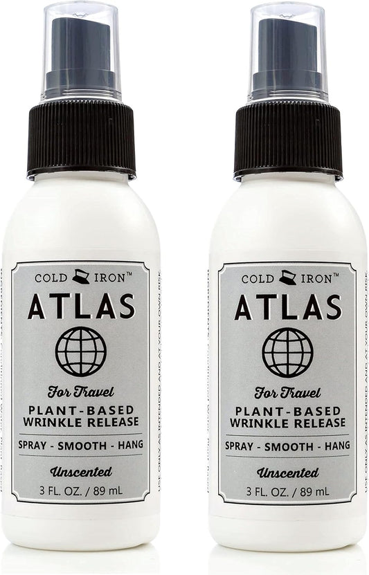 Cold Iron Wrinkle Release Spray for Clothes. Atlas Travel Size 3 fl oz/89 ml. Fragrance Free. Fast, Easy to Use Ironing Alternative. Spray, Smooth, Hang. Award Winning for People on The Go