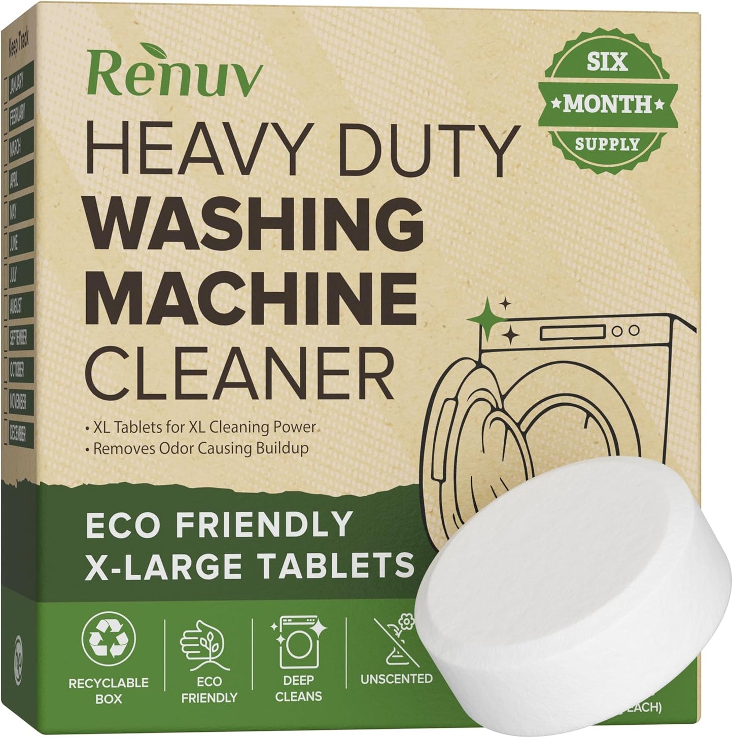Renuv® Heavy Duty Dishwasher Cleaner & Deodorizer Tablets, Descaler, Deep Cleaning, Natural Odor & Smell Remover, Calcium, Limescale, Hard Water Marks, Grease, Septic Safe Pods (12 Tabs 1 Yr Supply)