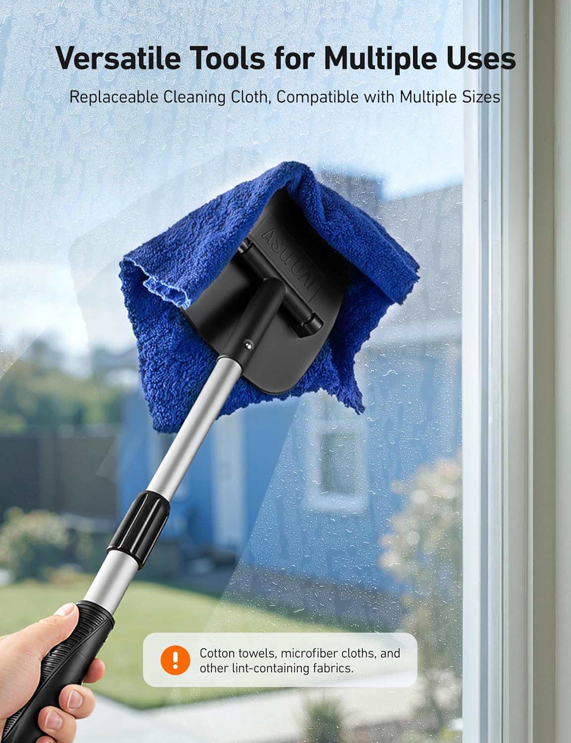 AstroAI Car Windshield Cleaner Tool, Window Cleaning Kit with 39in Car Mirror Squeegee, 4 Reusable Microfiber Pads and Extendable Handle, Blue