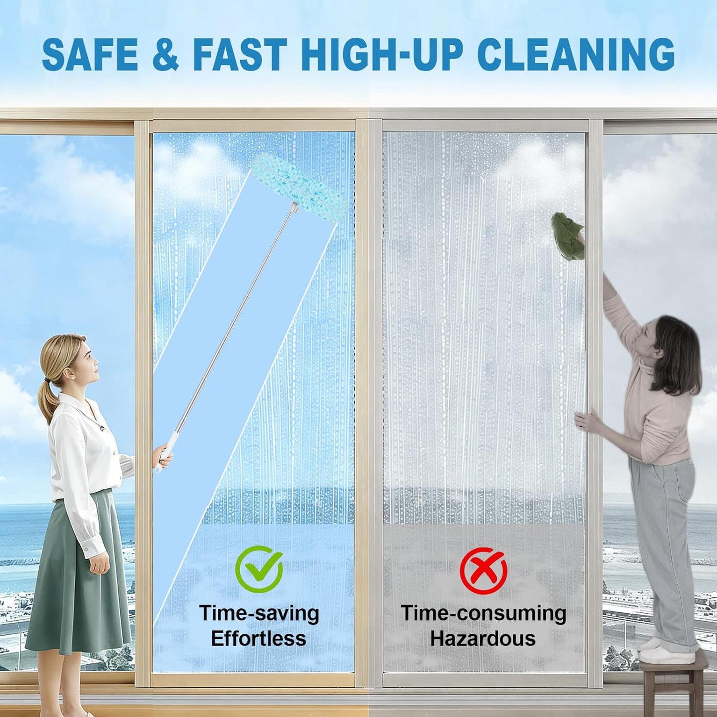 50Pcs Duster Refill Compatible with Swiffer Hand Duster +4FT Extended Handle +1 Handle, 360° Heavy Duty Duster Refills Kit for Cleaning, Office, Ceiling Fan, Baseboard & Blind