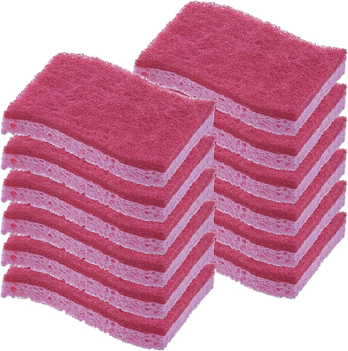 Non-Scratch Cellulose Sponge Kitchen Scrub Sponge with Scouring Pad Set, Good for Non-Stick Cookware Frying Pan, Pot, Counter Top, Sink Scrubbing, Kitchen Scrubbers, Pack of 2, (Red/Pink)