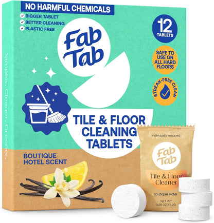 Fab Tab Hard Floor Cleaner Tablets - Pre-Measured Dissolvable Tablets for Hardwood, Tile and Vinyl Floors. Enzyme-Based Formula, Boutique Hotel Scent, Streak-Free Results