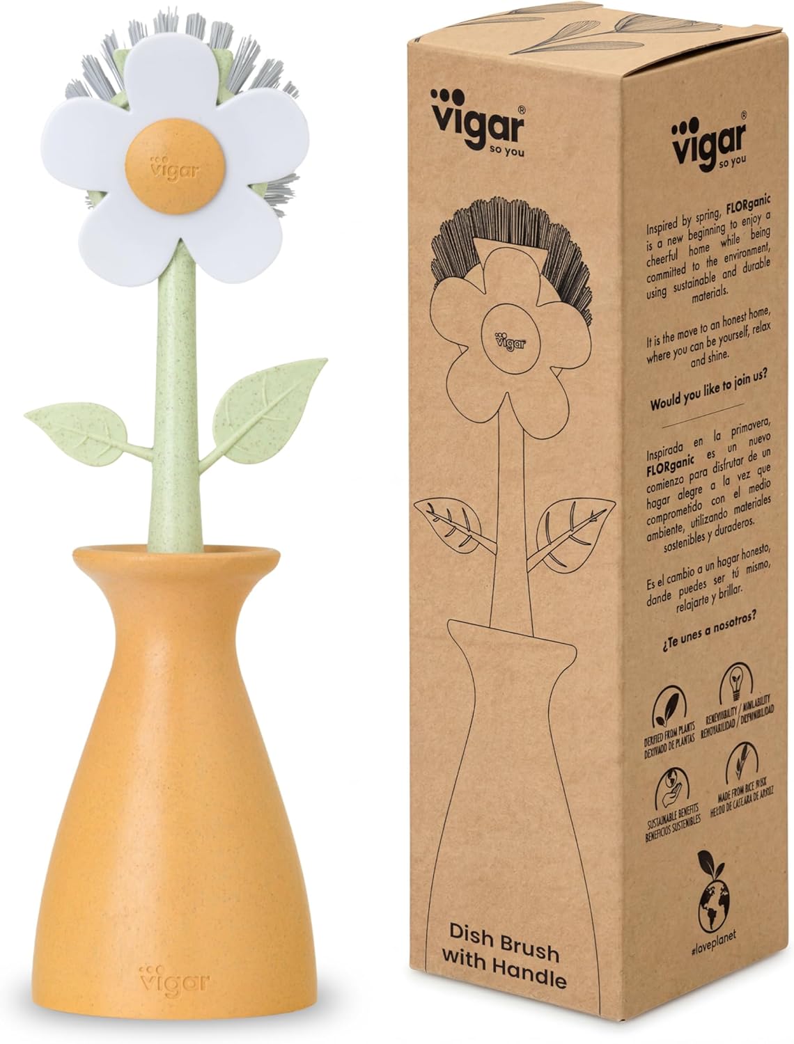 Vigar Florganic Daisy-Shaped Dish Brush with Vase Dish Brush Holder, Dish Brush with Handle, for Pot Scrubber, Kitchen Dishes, and Sink Cleaning, Pink