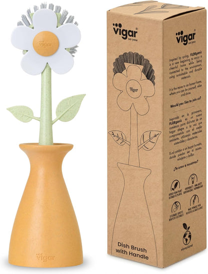 Vigar Florganic Daisy-Shaped Dish Brush with Vase Dish Brush Holder, Dish Brush with Handle, for Pot Scrubber, Kitchen Dishes, and Sink Cleaning, Pink