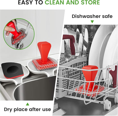 TOPULORS Cast Iron Scrubber Cleaner & 316L Stainless Steel Chainmail Scrubber with 2 Scrapers, Ergonomic Silicone Handle Brush for Pans Skillets Grills Dishes Cleaning - Non-Scratch Rust-Proof - Red