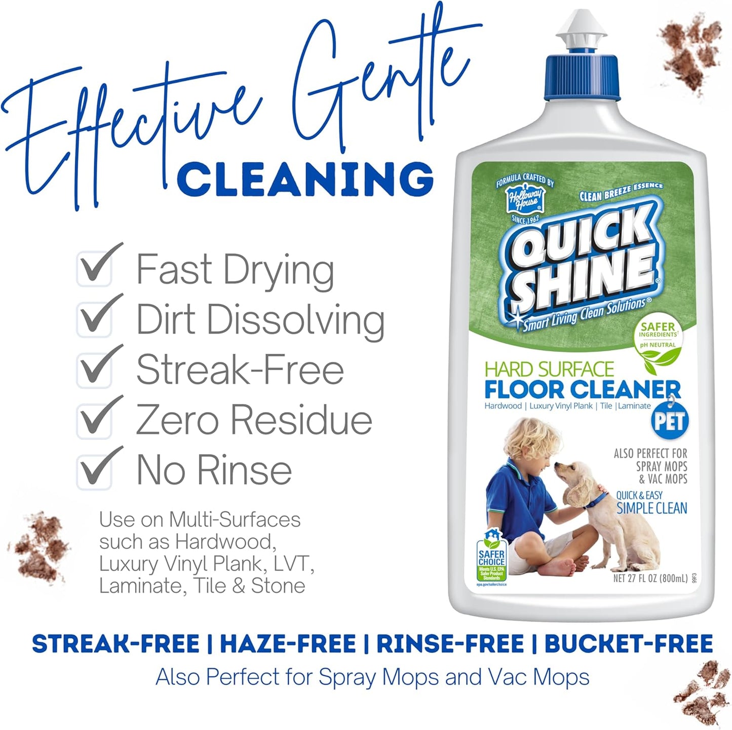 Quick Shine Hard Surface Pet Floor Cleaner 27 oz, 2Pk | Ready to Use, Removes Dirt, Streak Free, No Rinse | Hardwood, Laminate, Luxury Vinyl Plank LVT, & Tile | Safer for Kids, Pets & Our Environment