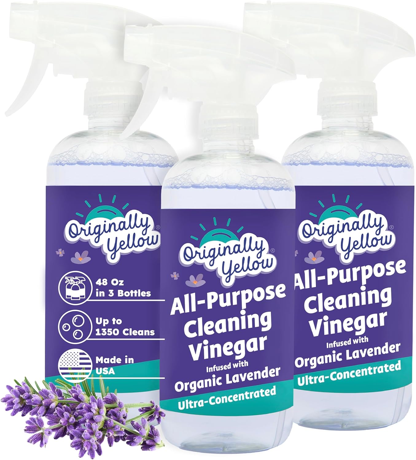 Originally Yellow Lemon Vinegar All Purpose Cleaning Spray | Distilled Cleaning Vinegar | Plant-Derived All Purpose Cleaner | Living Room, Bathroom, & Kitchen | 3 Pack