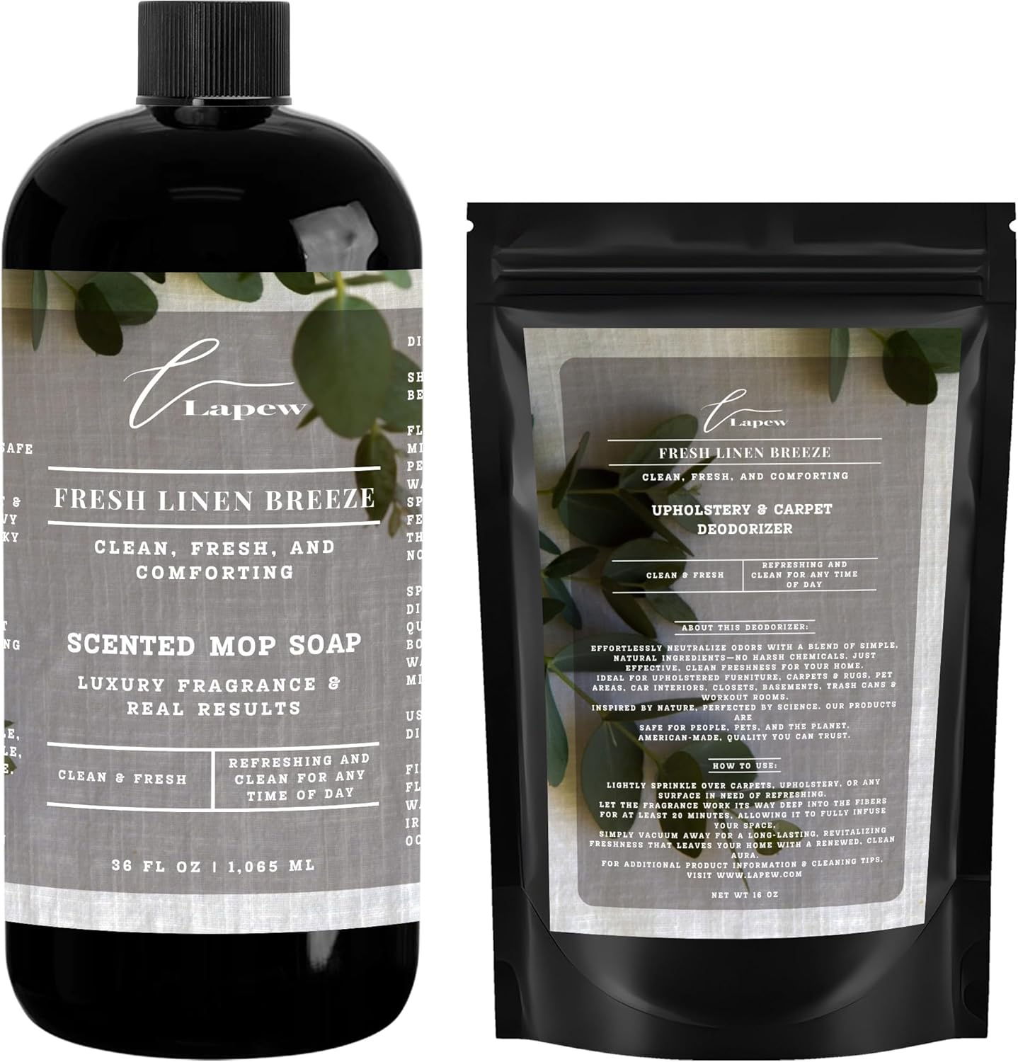 Lapew Black Sea Scented Cleaning Bundle | Carpet Deodorizer Powder (16 oz) & Mop Soap Concentrate (36 oz) | Pet-Friendly Odor Eliminator - Colors B