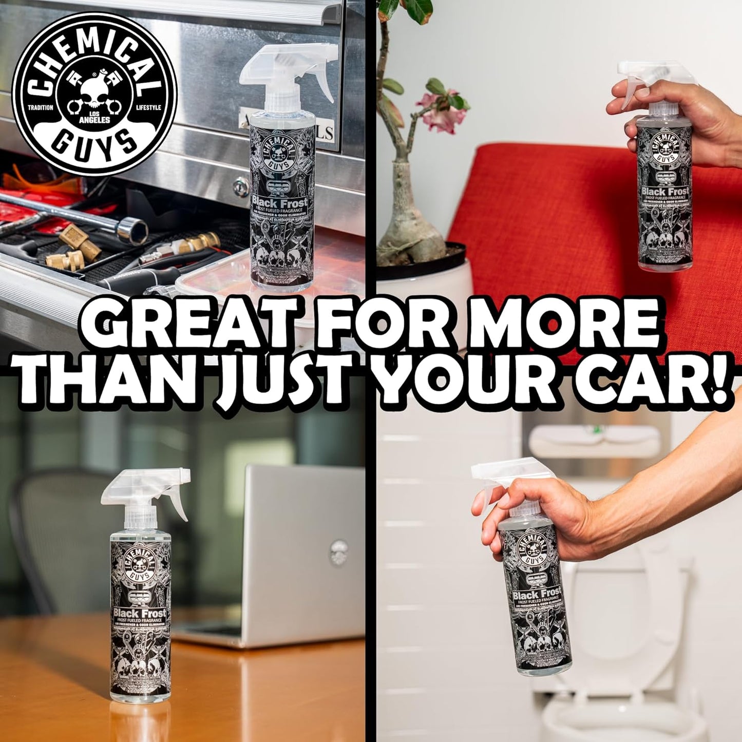 Chemical Guys Black Frost Air Premium Car Air Freshener Spray & Odor Eliminator - Crisp Masculine Scent Spray for Trucks, SUVs, RVs, and Motorcycles - Use in Home, Office, or Garage, 16 oz Bottle