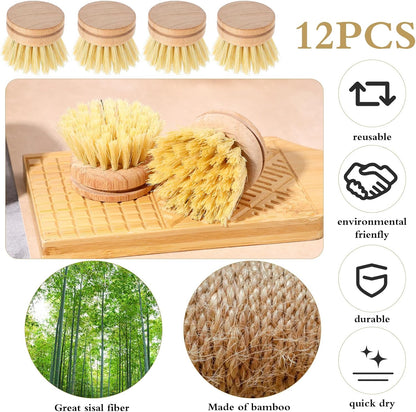 Kifmurase 12Pcs Bamboo Dish Scrub Brush for Kitchen Sink, Wooden Dish Brushes for Cleaning, Natural Bristle Brush, Palm Kitchen Scrub Brushes for Pots, Pans, Cookware