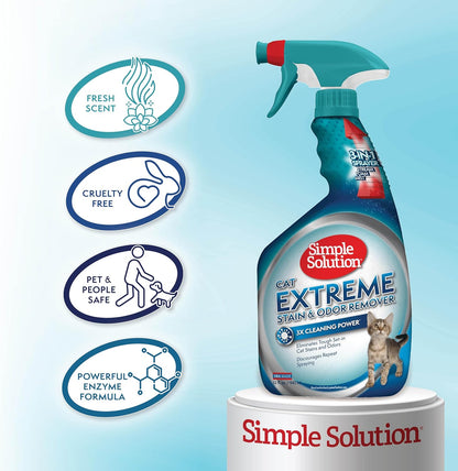 Simple Solution Extreme Pet Stain and Odor Eliminator Spray, Enzymatic Cleaner With 3X Pro-Bacteria Cleaning Power for Dogs & Cats, Strong Urine, Pee and Poop Smell Remover for Carpets & Floors, 32 oz