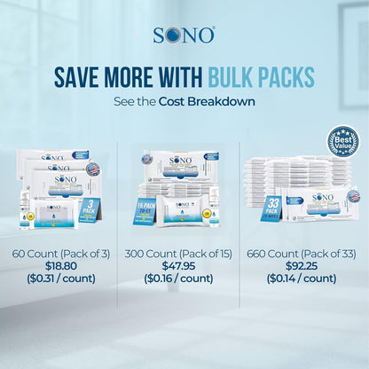 SONO Disinfecting Wipes - 60 Count (Pack of 3) + Sanitizer, Travel Size, Alcohol-Free, No Bleach, Medical-Grade, Multi-Surface Cleaning for School, Office, and On-The-Go