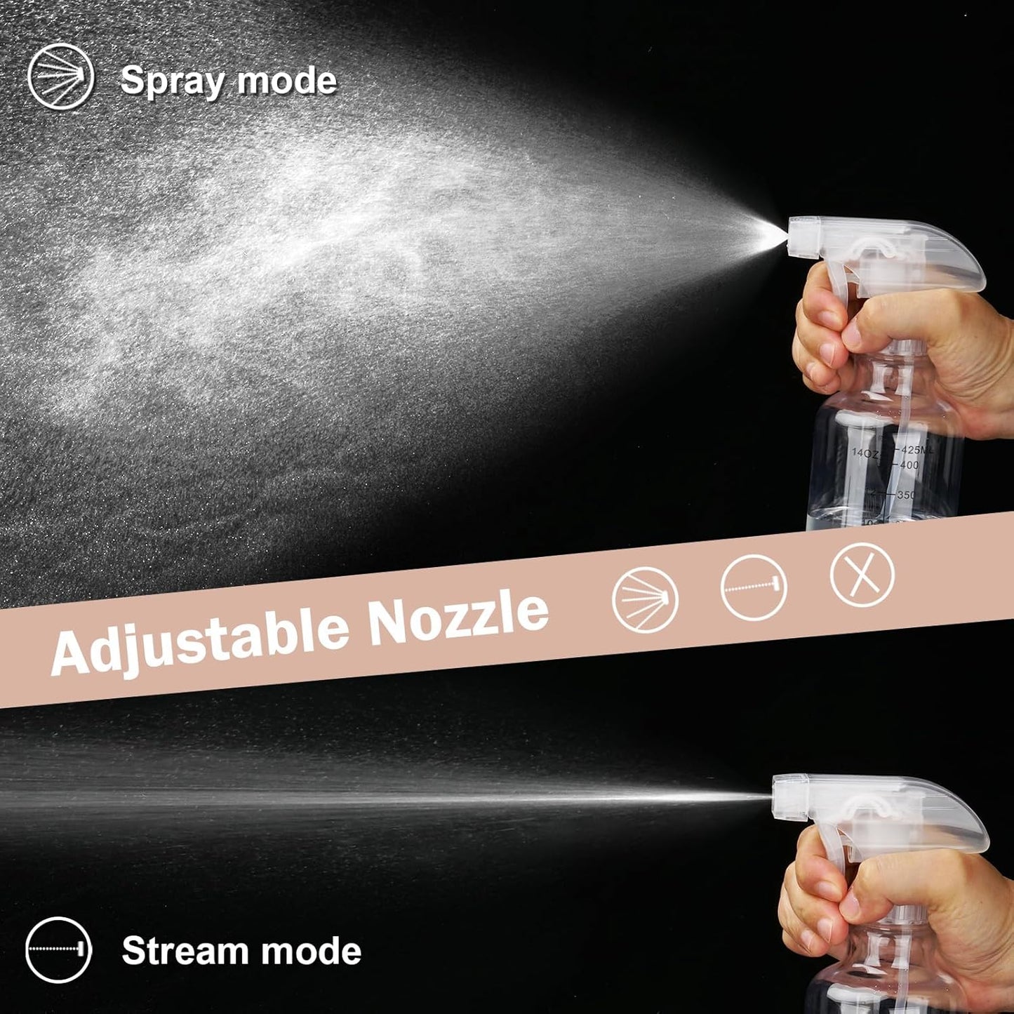 Plastic Spray Bottles Empty Spray Bottle 16.9oz/500ml 2 Pack Heavy Duty Spraying Bottles Mist/Stream Water Bottle for Cleaning Solutions, Essential Oils, Hair (Clear)