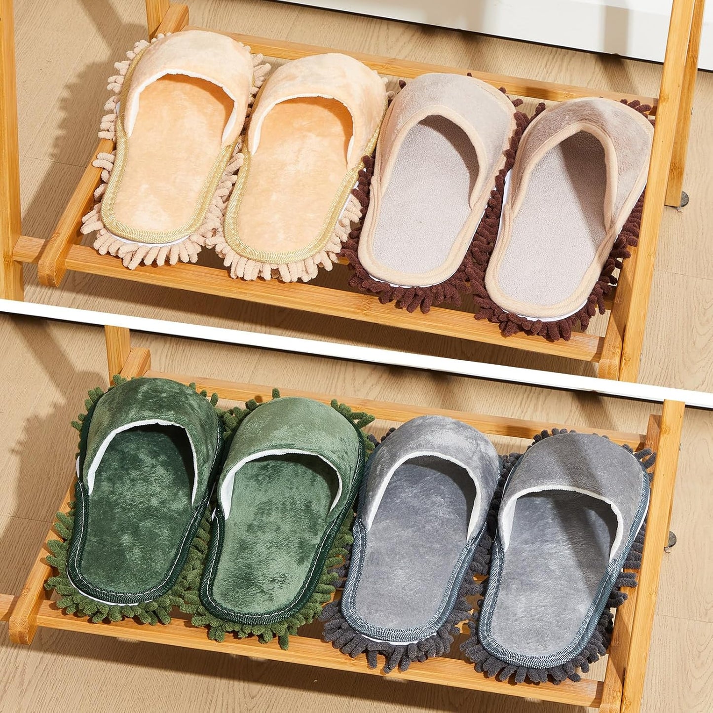 Jecery 4 Pair Washable Microfiber Mop Slippers Detachable Dusting Shoes for Floor Cleaning, Office & Home Use Suitable for Women & Men(Blue, Brown, Beige, White,L Size)