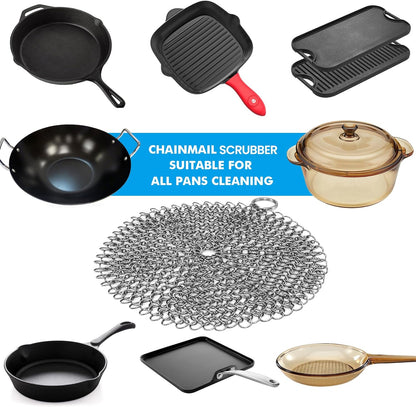 TOPULORS Cast Iron Scrubber 316 Stainless Steel Skillet Cleaner 8"x6" Chainmail Scrubber Scraper Chain Mail Link Scrub for Cast Iron Pre-Seasoned Pans, Griddles, BBQ Grills, and Pot Cookware Cleaning