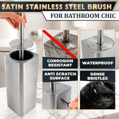 Stylish Stainless Steel Toilet Brush and Holder Set - Silver Toilet Bowl Brush and Holder with Splash Cover, Sturdy Bristles, Corrosion & Scratch Resistant - Elegant Design, Effective Deep Cleaning