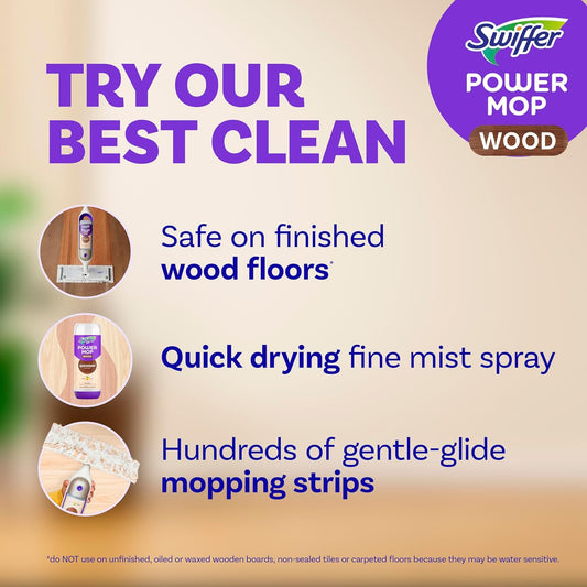 Swiffer Power Mop Wood, Hardwood Floor Cleaner for Mopping Home, Bathroom, Kitchen, All Purpose Multi-Surface Cleaning Set includes PowerMop Wood, 2 Pads, 1 QuickDry Lemon Solution, & 2 Batteries