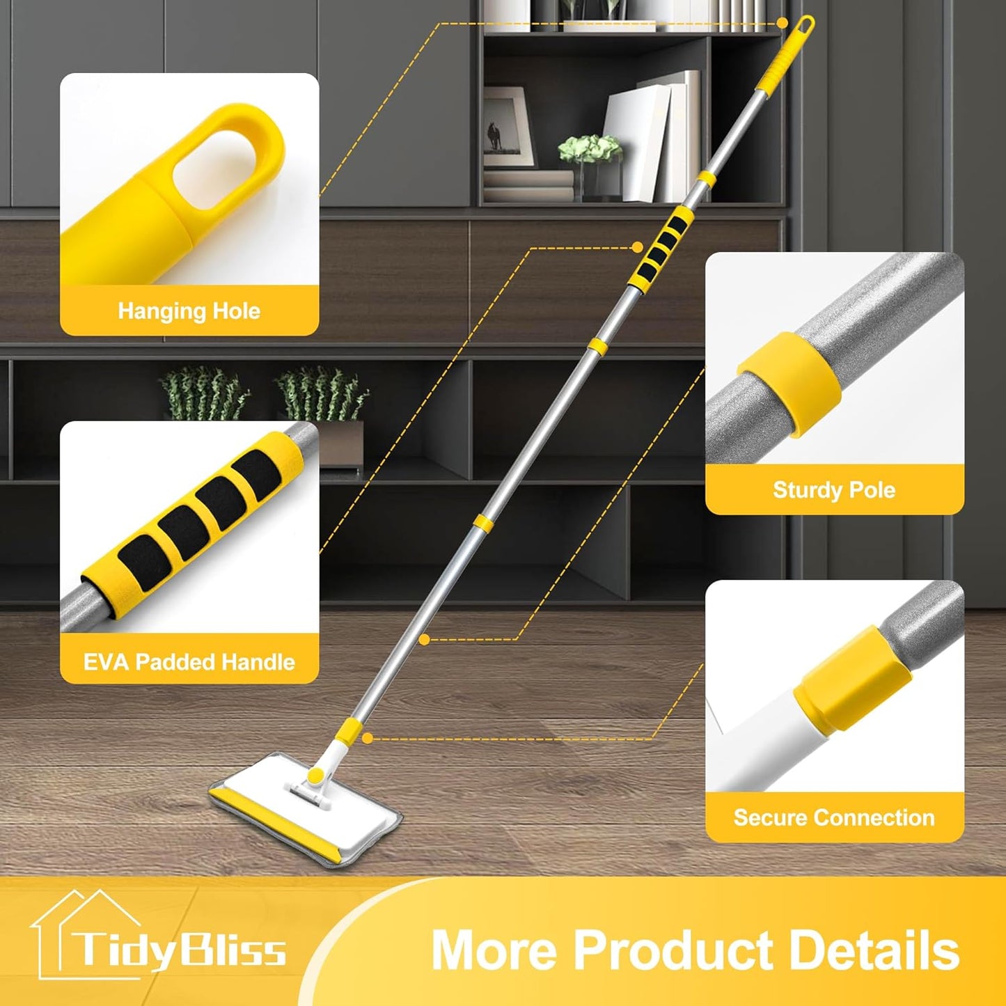 Baseboard Cleaner Tool with Handle, 55.9” Long Wall and Base Board Cleaning Mop, 4 Reusable Pads, 1 Stiff Bristle Scrubber Brush for Floorboard Ceiling Cabinet Window Bathroom (Yellow)