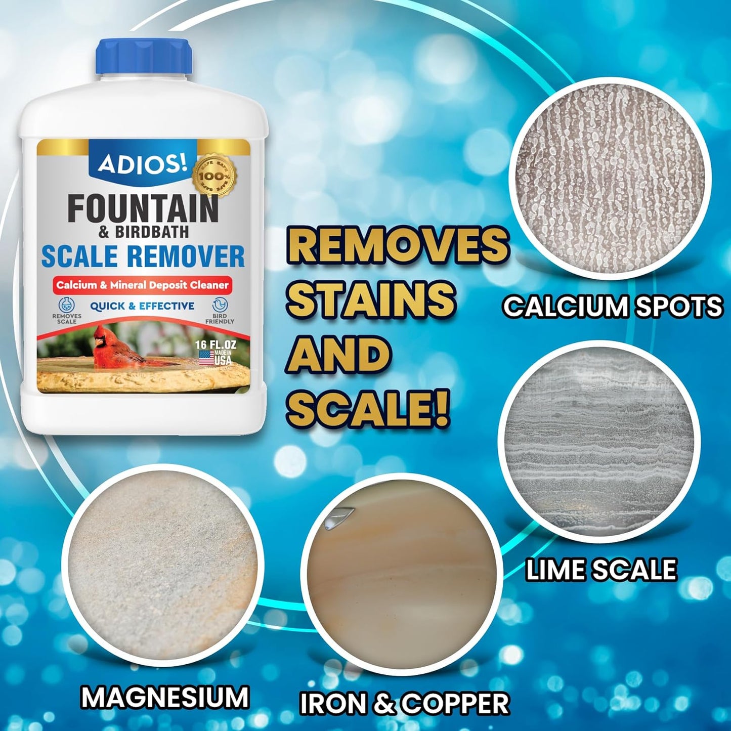 Adios! Fountain Scale Remover for Calcium, Lime and Hard Water Deposits on Bird Fountains, Baths and Water Features (8 oz)