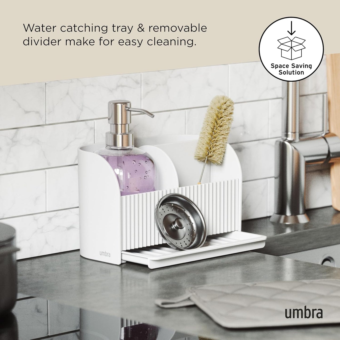 Umbra Sling Sponge Holder Sink Caddy with Dish Soap Dispenser Pump for Kitchen