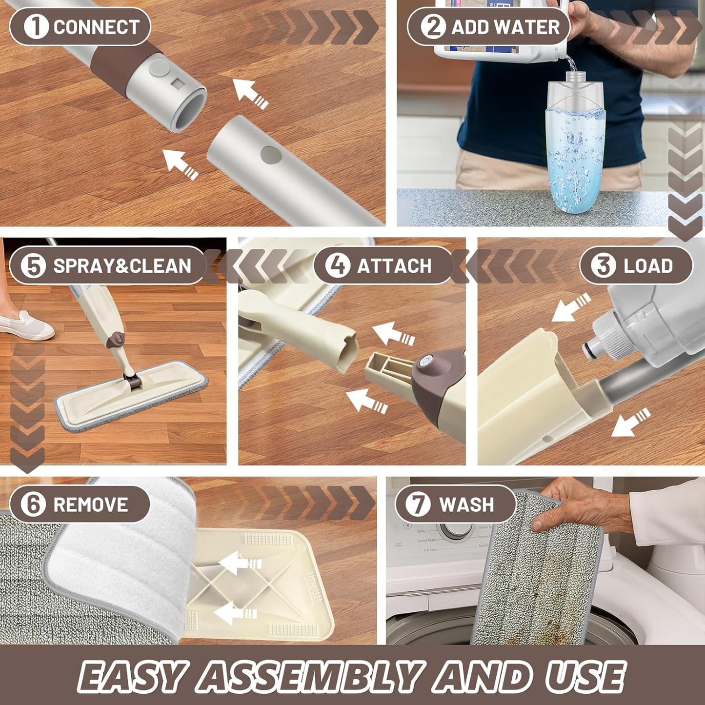HOMTOYOU Spray Mops for Floor Cleaning: Wet Mop for Hardwood Tile Wood Laminate Vinyl - 3 Washable Microfiber Pads for Swiffer Powermop - Absorbs Pet Hair Dust