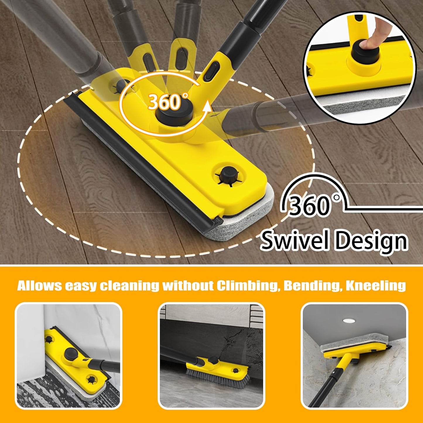 JEHONN Shower Cleaning Brush, 53.5 inches Long Handle Scrubbing Brush, 3-in-1 Bathroom Tub Tile Scrubber Mop with Squeegee for Bathtub Sink Tile Floor Wall Glass Deck (Yellow)