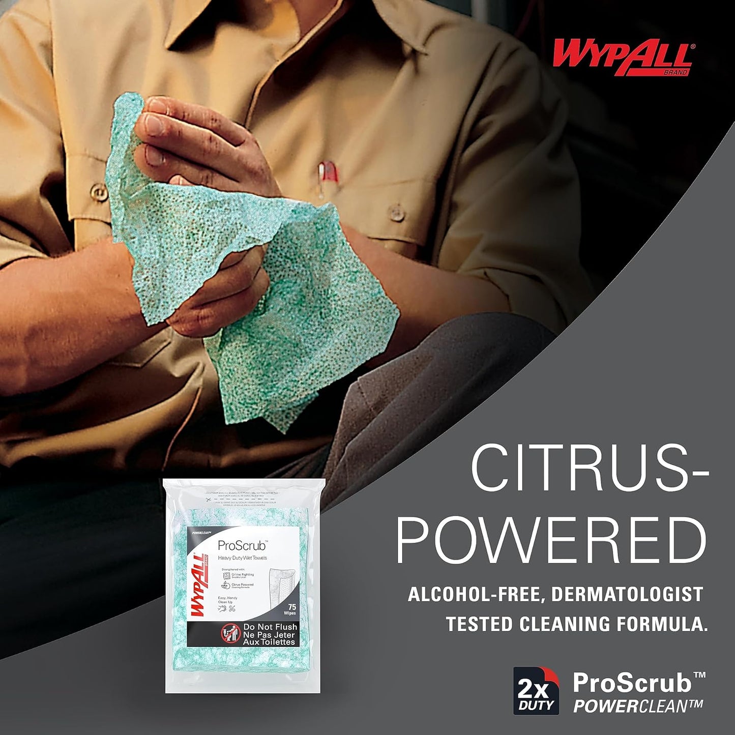 WypAll PowerClean ProScrub Heavy Duty Wet Towels (91371), Dual Action Cleaning, Large 9.5" x 12" Wipes, Bucket Included (6 Containers of 75 Sheets, 450 Sheet Total)