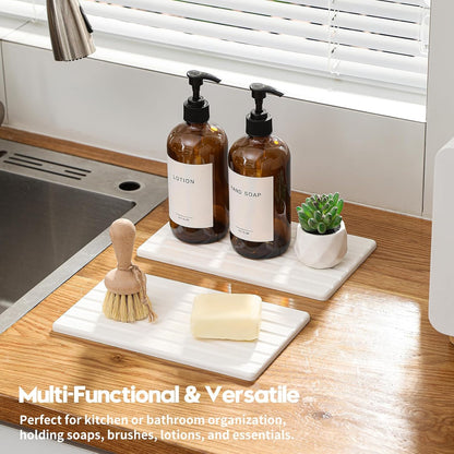 2PCS Water Absorbing Stone Drying Tray Mat for Bathroom Sink & Kitchen Counter Faucet Organizer, Quick Dry Dish Rack Soap Dispenser Sponge Holder, Vanity Sink Caddy Bar Coaster, Ivory White 8“x 4”