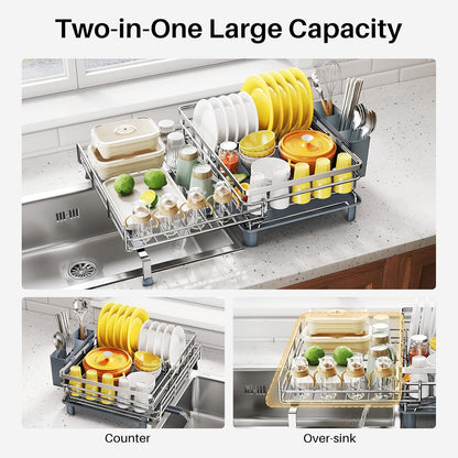 SNTD Dish Drying Rack - Extendable Dish Rack, Large Sink Drying Dish Drainer for Kitchen Counter, Stainless Steel Dish Strainer with Utensil Holder (Black)