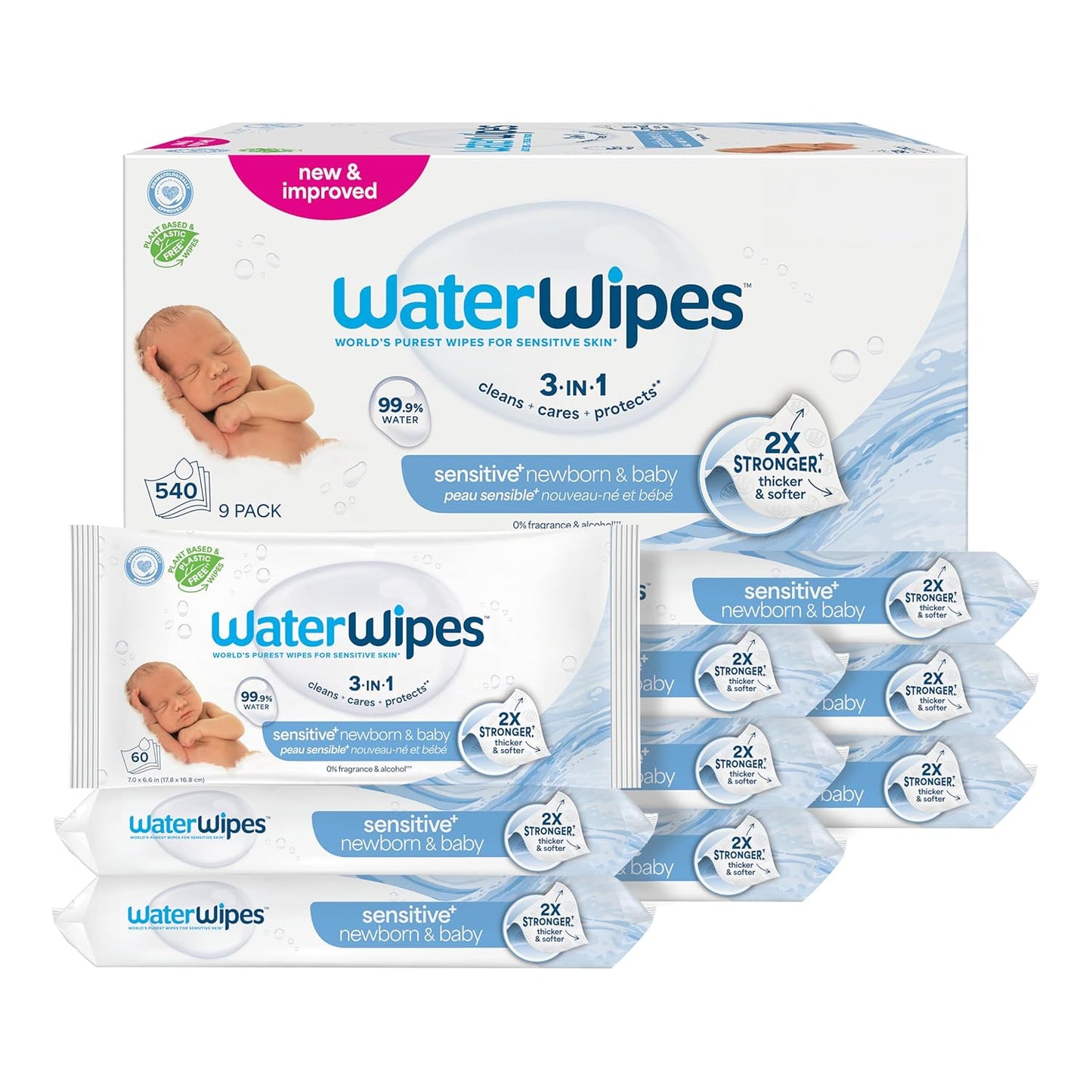 WaterWipes Sensitive+ Newborn & Baby Wipes, 3-In-1 Cleans, Cares, Protects, 99.9% Water, Unscented & Hypoallergenic, 720 Count (12 Packs)
