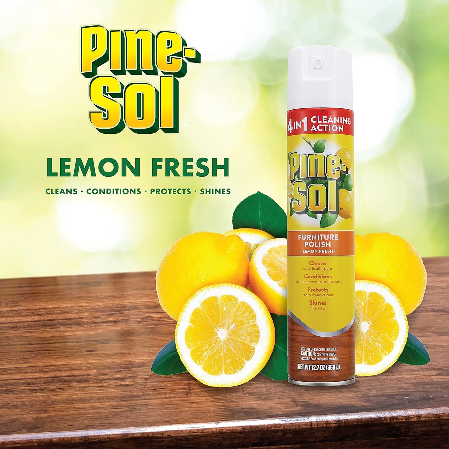 Pine-Sol Furniture, Polish 4in1 Cleaning Action Wood Polish Spray Wood Polish Spray for Your Cleans Conditions Protects and Shines Ounces Original Pine Scent, Yellow, Lemon, 12.7 Fl Oz