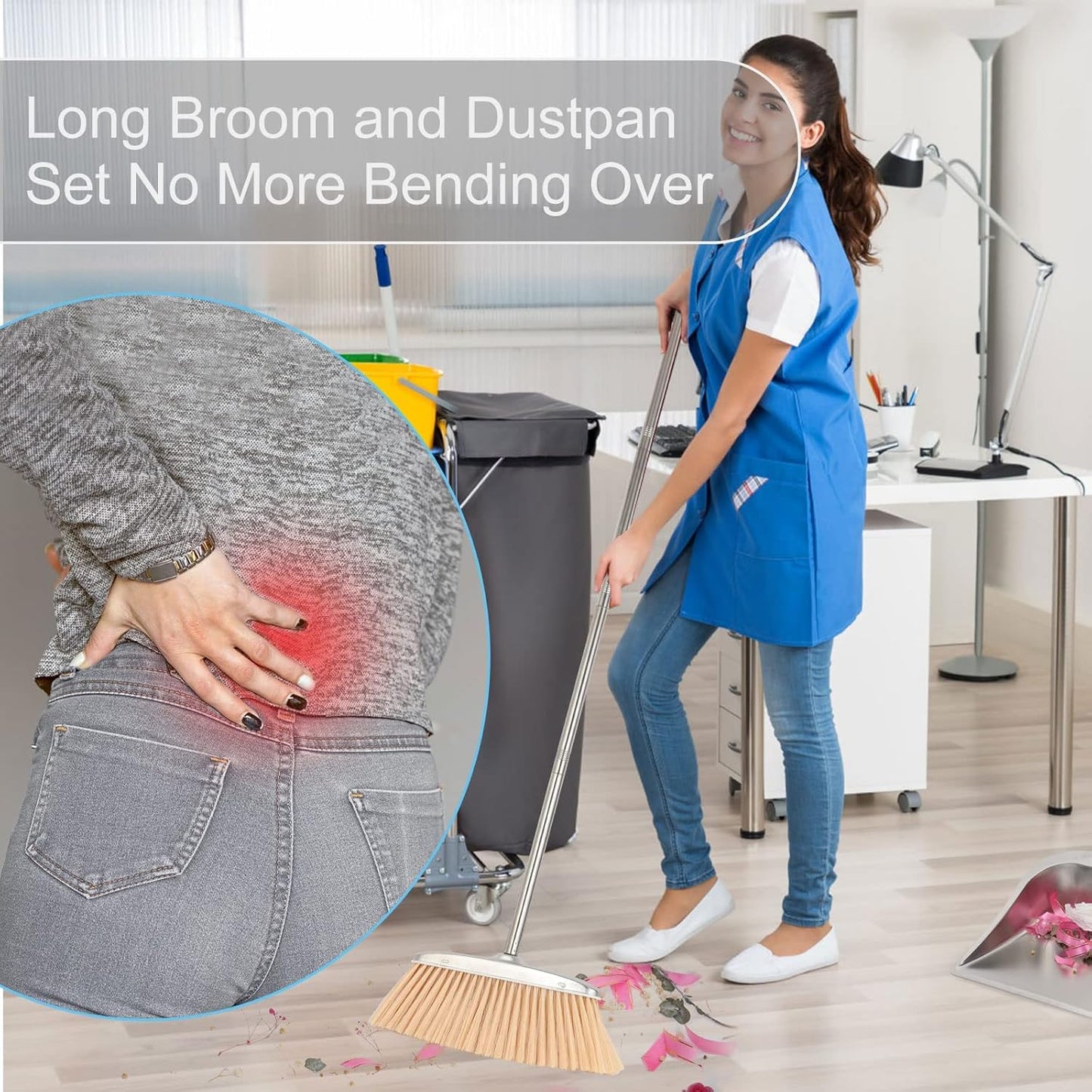 VOOWO Heavy Duty Broom and Dust pan Set, Stainless Steel Broom and Dustpan Set with Long Handle, Broom with Dustpan Set for Home Standing Dust Pan Indoor Outdoor Brooms Dustpan