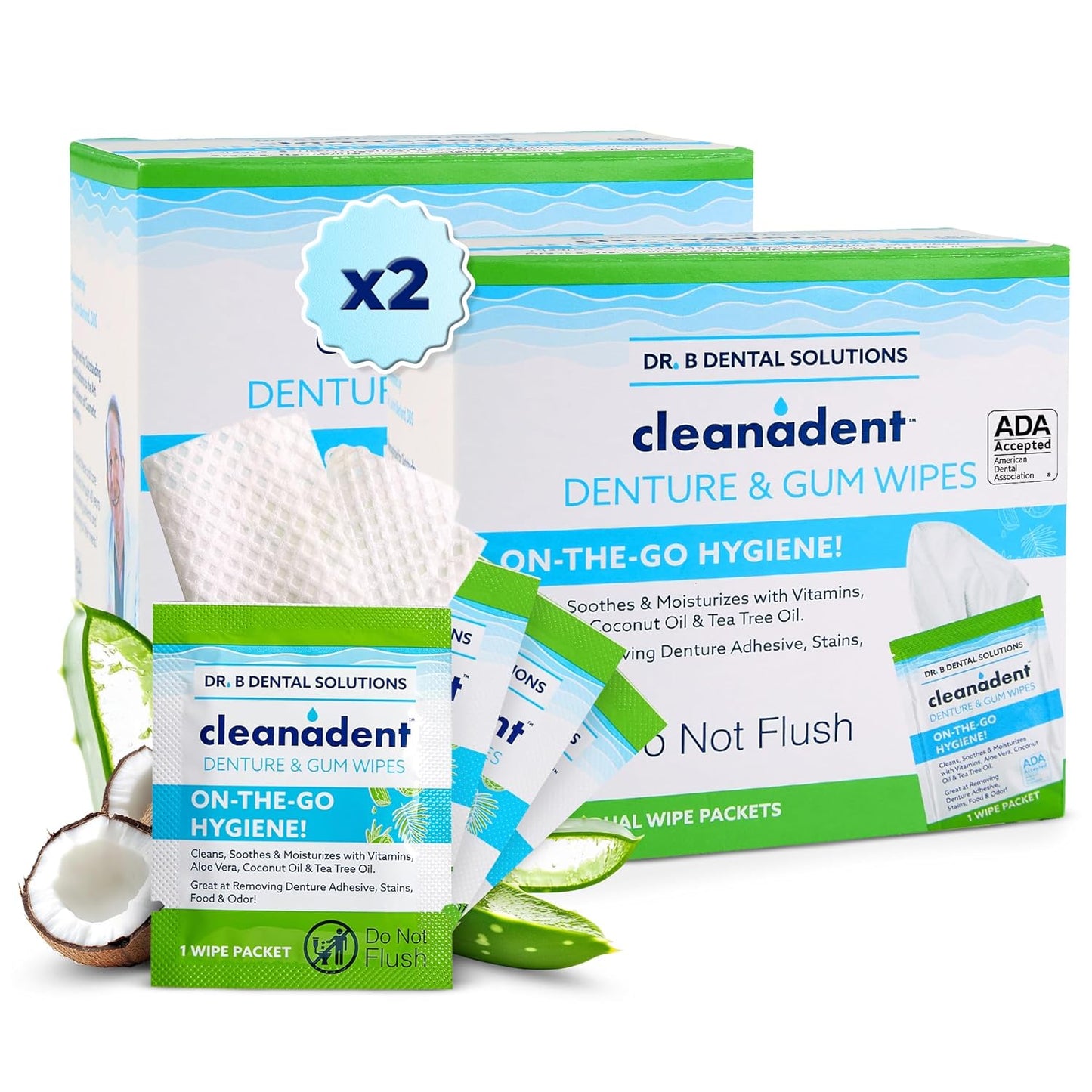 Dr. B Dental Solutions Cleanadent Wipes - Convenient Denture Cleaning Wipes, Refreshes Gums, No Artificial Colors/Flavors - 30 Count