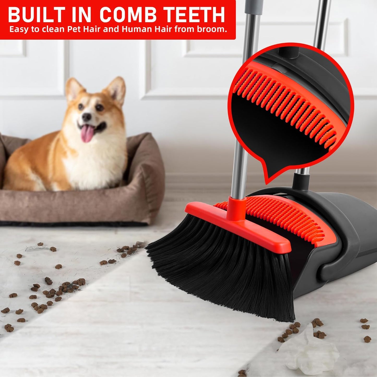 Broom with Dustpan Combo Set for Home 52-in Long Adjustable Handle Angle Broom and Dustpan Set with Dustpan Comb Teeth for Sweeping Pet Hair Food Dirt Kitchen (Black) (Black)