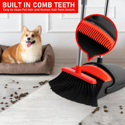 Broom with Dustpan Combo Set for Home 52-in Long Adjustable Handle Angle Broom and Dustpan Set with Dustpan Comb Teeth for Sweeping Pet Hair Food Dirt Kitchen (Black) (Black)