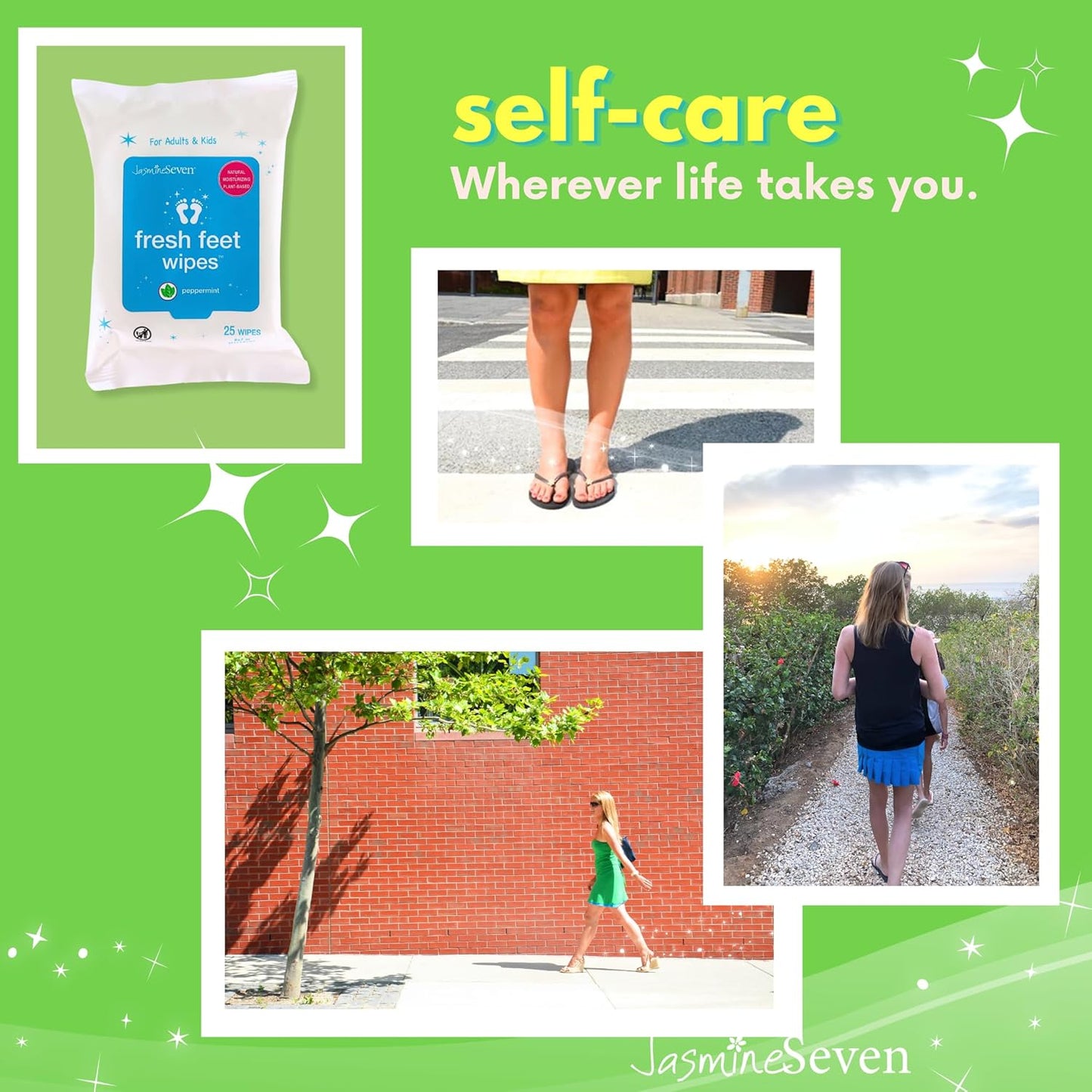 Jasmine Seven Fresh Feet Wipes - Peppermint - 45 Count Resealable Canister (Natural Foot and Body Wet Wipes)