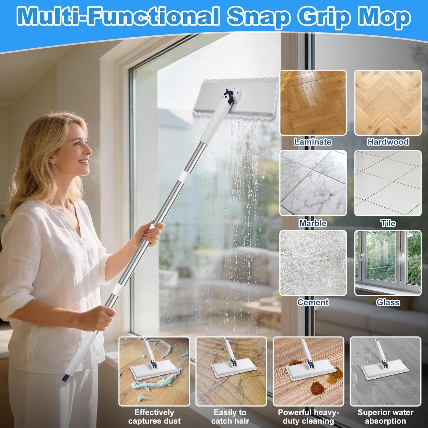 Snap Grip Mini Mop with 6 Washable Pads, Dust Mop Household Items for Wall Window Ceiling, Lazy Dry Wet Mops for Floor Cleaning for Home Kitchen Bathroom, Zero-Touch Flat Floor Mops with 47" Handle