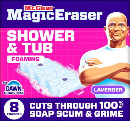 Mr. Clean Magic Eraser Sponge, Bathroom Cleaner, Shower Cleaner, Tub Cleaner, Soap Scum Remover, Bathroom Cleaning Supplies, Dawn Cleaning Power with Febreze Lavender Scent, 5ct