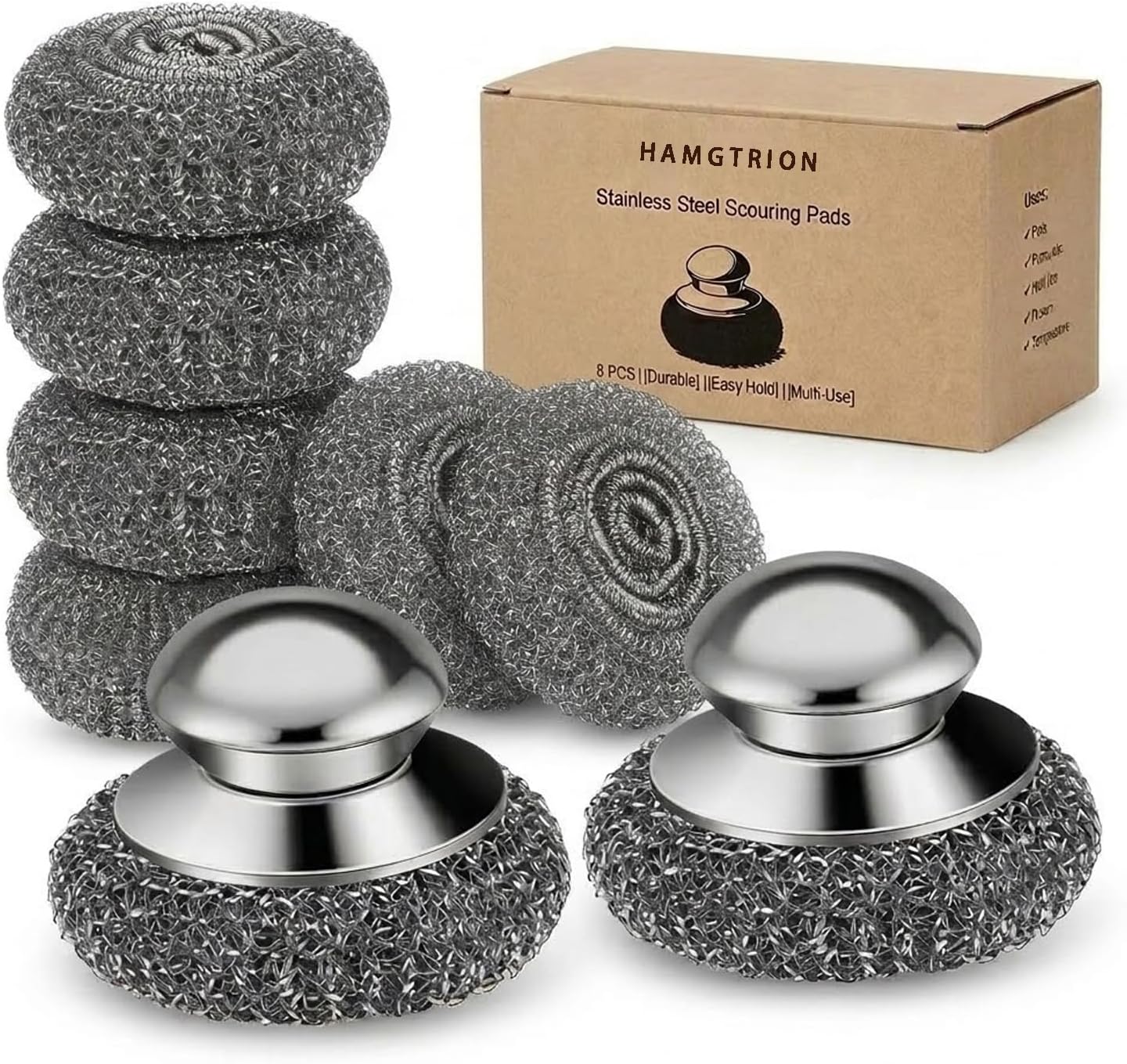 Steel Wool Scrubber, 4-Pack Stainless Steel Scrubber Pads with Handle - The Ultimate Scouring Solution for Rust, Stubborn Messes on Cookware, Grill, Oven & Kitchen Sinks