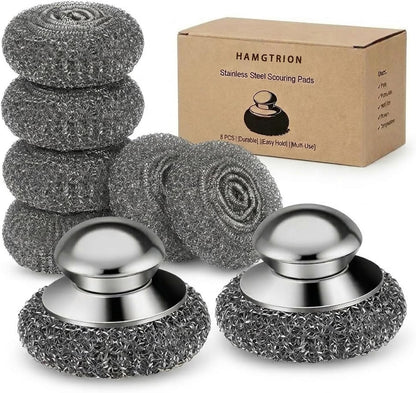 Steel Wool Scrubber, 4-Pack Stainless Steel Scrubber Pads with Handle - The Ultimate Scouring Solution for Rust, Stubborn Messes on Cookware, Grill, Oven & Kitchen Sinks