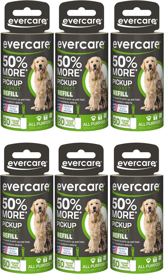 Evercare Extra Sticky Pet Lint Roller Refill 60 Sheets, 6-Pack