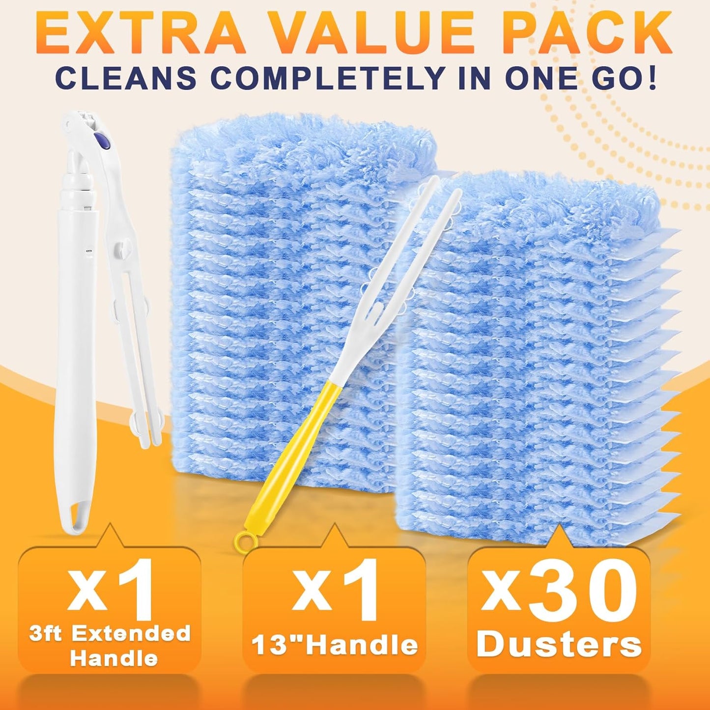 30-Pack Heavy Duty Duster Refills Compatible with Swiffer, 3FT Extendable Handle, 5X Multi-Surface Microfiber Duster for Home, Fans, Blinds, Vents & Car Cleaning