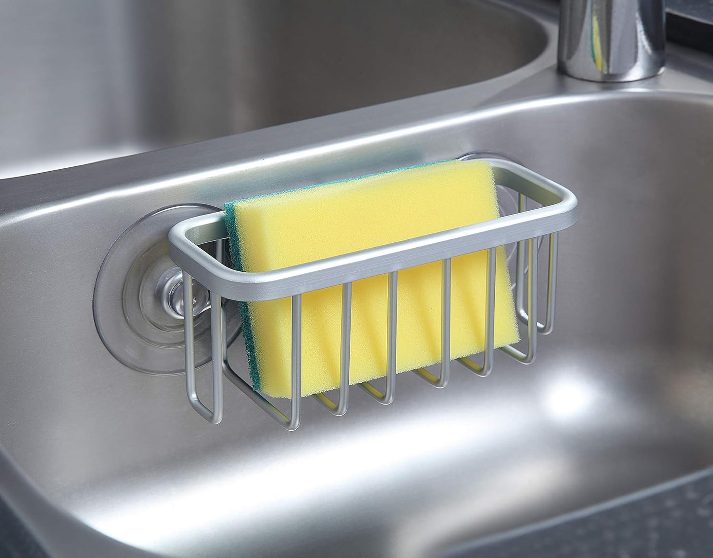 SunnyPoint NeverRust Kitchen & Bathroom Sink Caddy for Sponges, Scrubbers, Soap, 6" x 2.5" x 2.65", with Adhesive Mount - Additional Suction Cup Included –Aluminum (Black)
