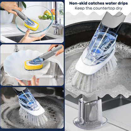 Dish Brush with Soap Dispenser Storage Set with 2 PCS Brush Refills & Holder, Dish Scrubber with Soap Dispenser, Dish Soap Brush, Dish Wand with Soap Dispenser for Dishes, Pans, Sink, Pots(Green)