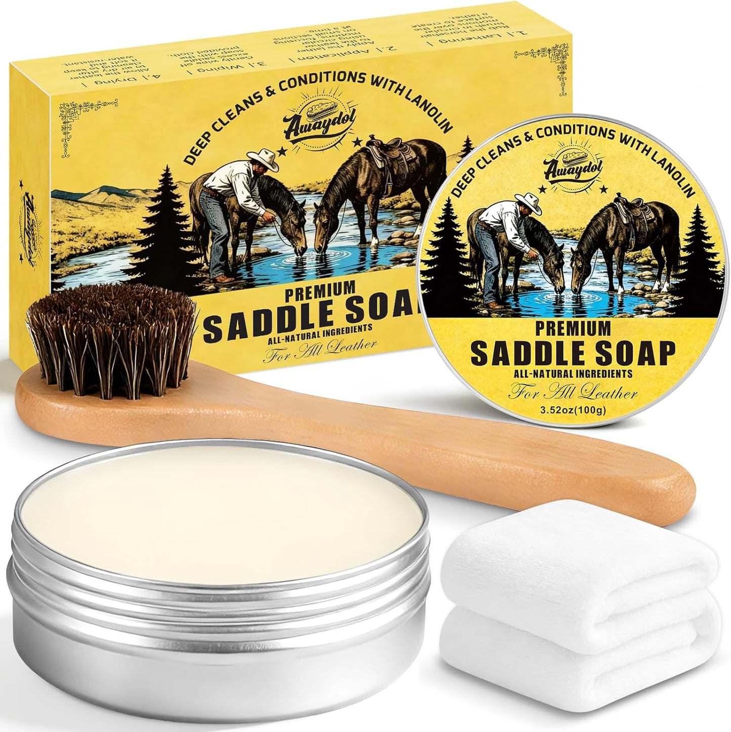 Saddle Soap for Leather 3.52oz,3-in-1 Leather Cleaner & Conditioner to Soften,Protect Leathercraft with Horsehair Brush & Cloth,Leather Soap for Car Interior,Couch,Shoe,Purse,Boot,Bag & Saddle