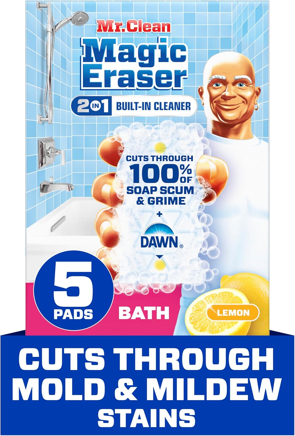Mr. Clean Magic Eraser Sponge, Bathroom, Shower, Tub Cleaner, Soap Scum Remover, Bathroom Cleaning Supplies, Dawn Cleaning Power with Lemon Scent, Shower & Tub, 6ct
