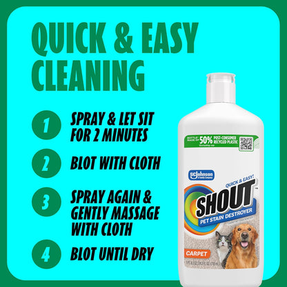 Shout Pet Stain Remover Spray, Color-Safe Multisurface & Carpet Cleaner Solution for Dog & Cat Urine, Feces, Vomit & Mud, Fights Odors & Remarking, Fast-Acting Cleans in 5 Minutes or Less, 22oz
